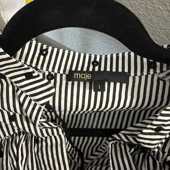 MAJE Lossi Ruffled Striped Cotton Blouse Black Size 1 - Picture 6 of 7